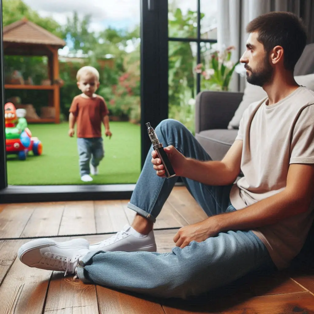 hombre vapeando en casa cuidando a su hijo